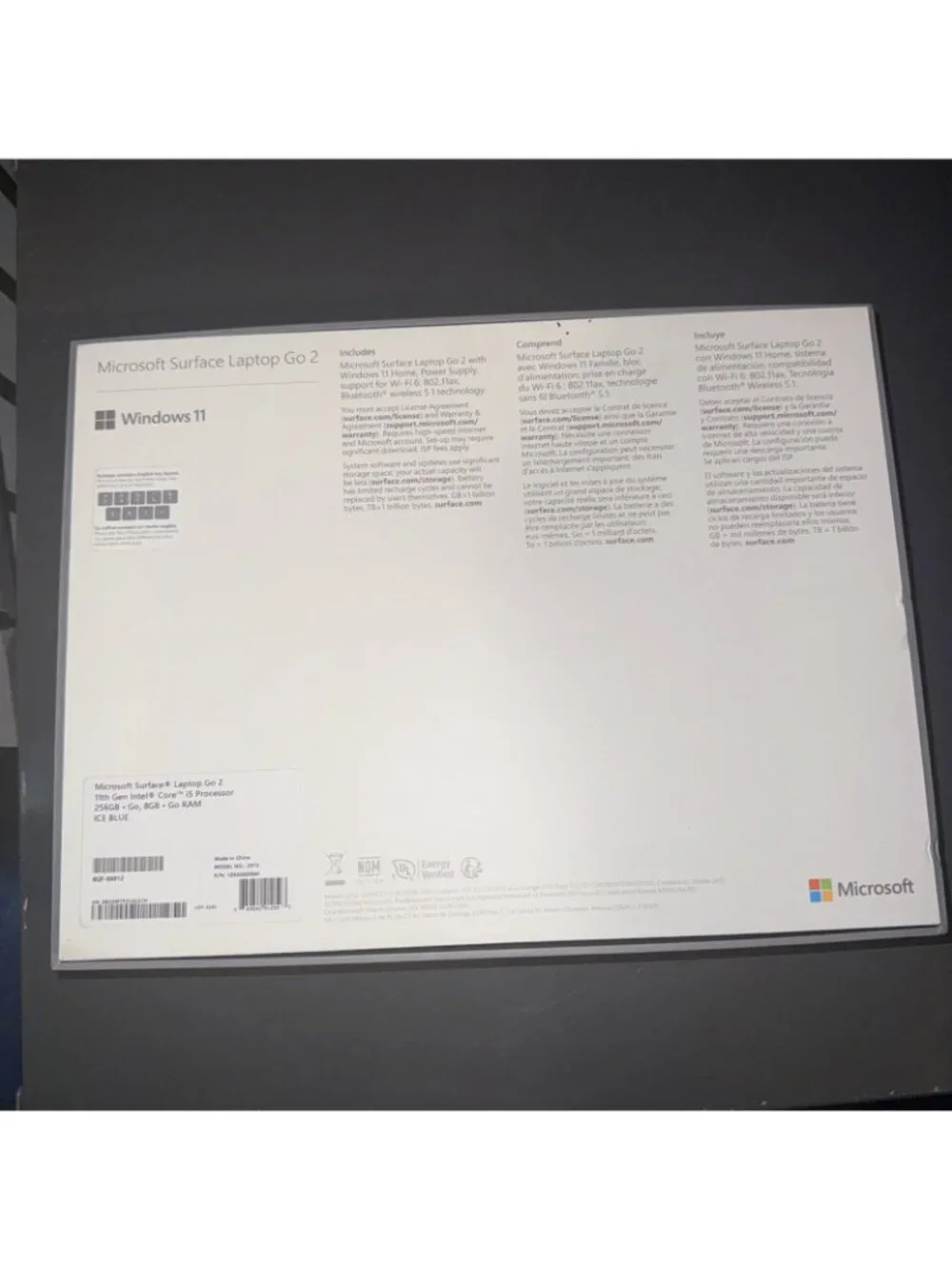 EMPTY BOX Microsoft Surface Laptop Go2 Windows 11 11th Gen i5 256GB Ice Blue